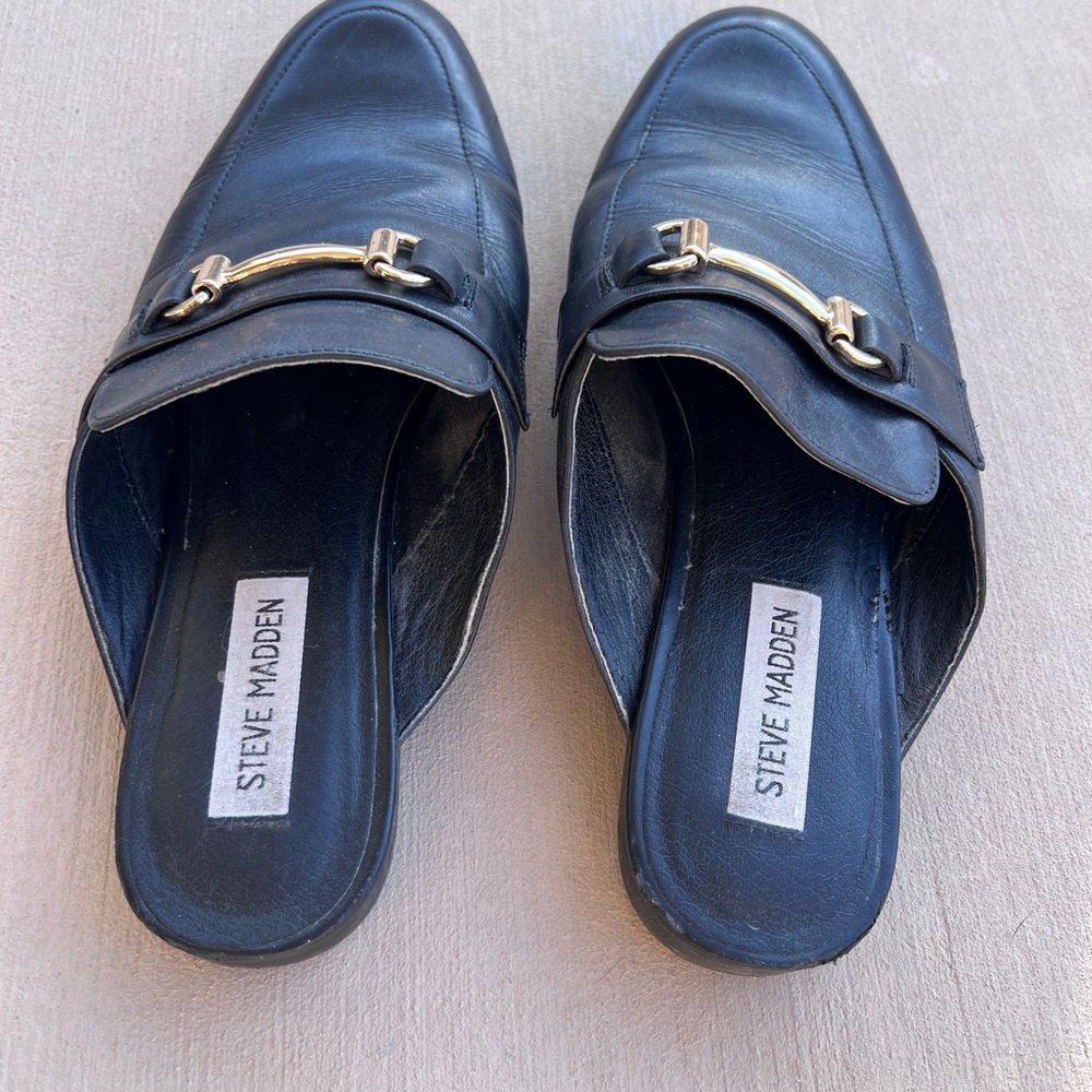 Steve Madden Black Leather Slip-On Loafers with Gold Hardware